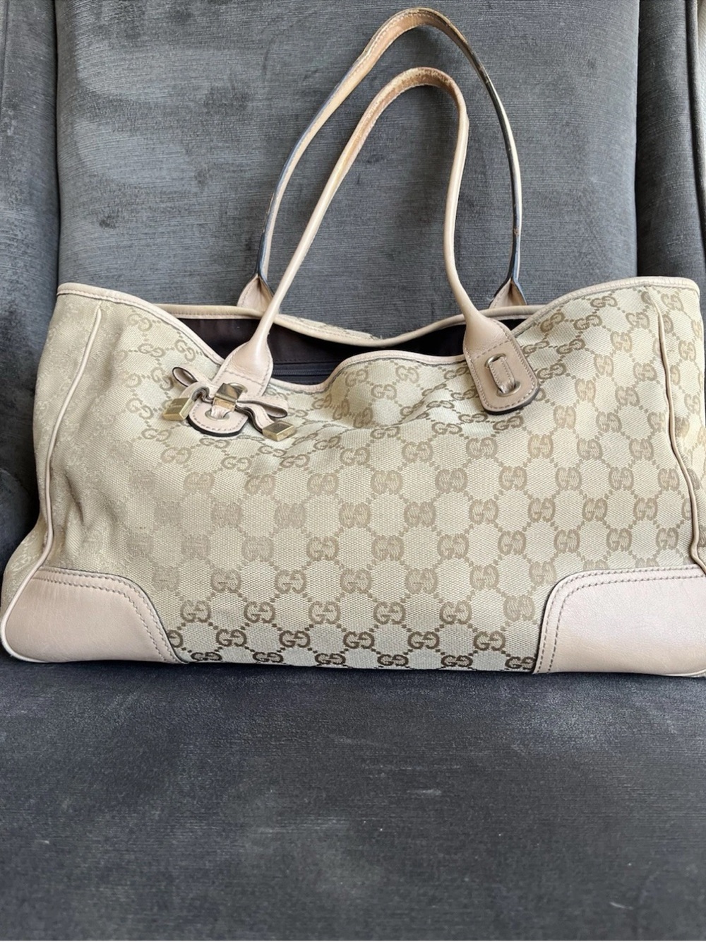 Gucci Beige/Tan GG Canvas Tote with Leather Trim